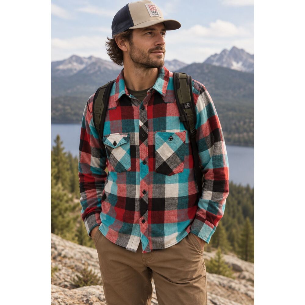 TOPO Designs Blue Red Flannel Button Up Long Sleeve Shirt Top Mens Size Small